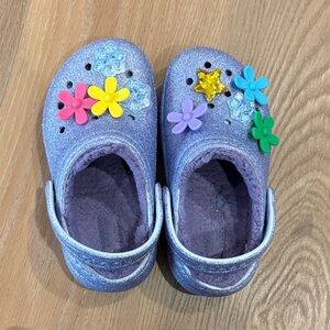 CROCS Kids Sparkly Purple Shoes with Colorful Charms